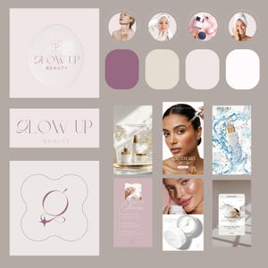 May include: A promotional image for "Glow Up Beauty" skincare products. The image features product shots, model photos, and the brand's logo. The color palette includes soft pinks, creams, and whites, creating a clean and elegant aesthetic. The text "Glow Up Beauty" is displayed in a stylish font.