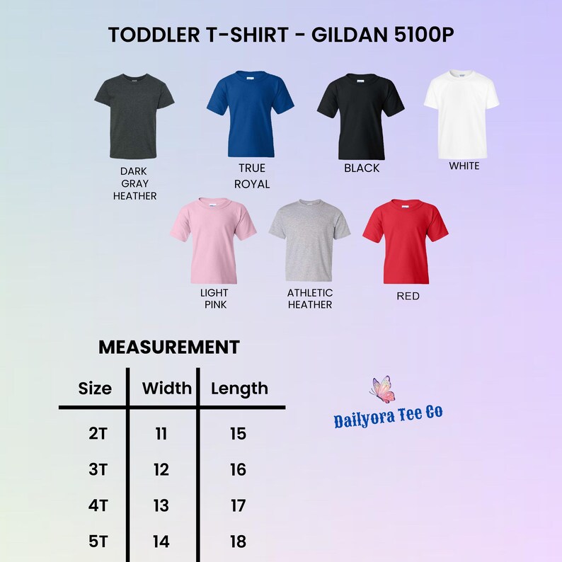 Puede incluir: Exhibici&oacute;n de camisetas para ni&ntilde;os peque&ntilde;os en varios colores, incluyendo gris oscuro, azul real, negro, blanco, rosa claro, jaspeado atl&eacute;tico y rojo. La imagen incluye una tabla de tallas con medidas en cm y el texto "Dailyora Tee Co."