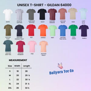 Puede incluir: Imagen de camisetas unisex Gildan 64000 en varios colores, como blanco, negro y rojo. Se incluye una tabla de tallas con medidas en pulgadas, equivalentes a unos 45,7 cm a 66 cm de ancho y 71 cm a 82,5 cm de largo.