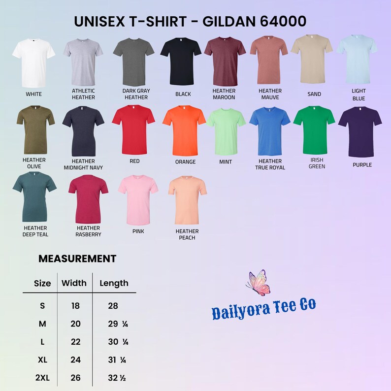 Puede incluir: Imagen de camisetas unisex Gildan 64000 en varios colores, como blanco, negro y rojo. Se incluye una tabla de tallas con medidas en pulgadas, equivalentes a unos 45,7 cm a 66 cm de ancho y 71 cm a 82,5 cm de largo.