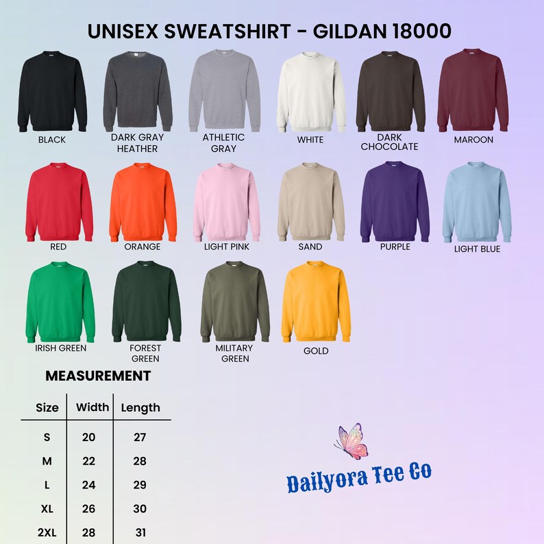 Puede incluir: Una selecci&oacute;n de sudaderas unisex Gildan 18000 en varios colores, como negro, rojo y dorado. La imagen muestra una tabla de tallas con medidas en cent&iacute;metros. Tambi&eacute;n es visible la marca "Dailyora Tee Co".