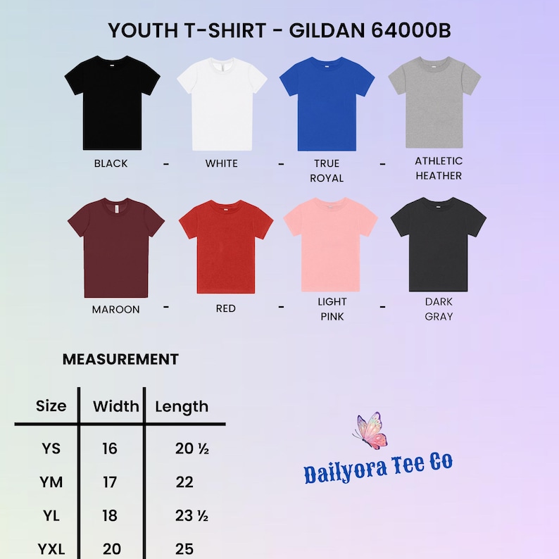 Puede incluir: Una selecci&oacute;n de camisetas juveniles en varios colores, incluyendo negro, blanco y rojo. La imagen muestra el modelo Gildan 64000B, con una tabla de tallas que muestra las medidas de ancho y largo en pulgadas. Tambi&eacute;n se ve la marca "Dailyora Tee Co".