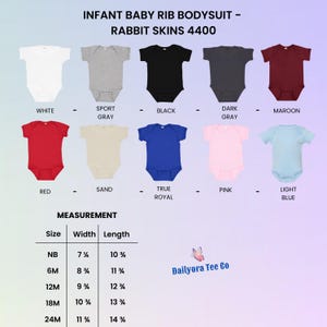 Puede incluir: Bodies de beb&eacute; en varios colores, incluyendo blanco, gris, negro y rojo. La imagen muestra una tabla de tallas con medidas en cm para cada talla, desde reci&eacute;n nacido hasta 24 meses. El texto "Dailyora Tee Co" tambi&eacute;n es visible.