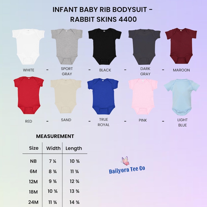 Puede incluir: Bodies de beb&eacute; en varios colores, incluyendo blanco, gris, negro y rojo. La imagen muestra una tabla de tallas con medidas en cm para cada talla, desde reci&eacute;n nacido hasta 24 meses. El texto "Dailyora Tee Co" tambi&eacute;n es visible.