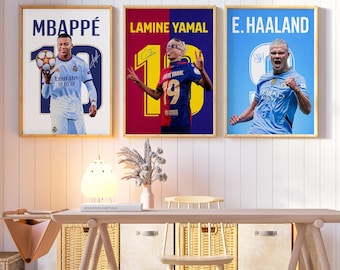 Conjunto de carteles firmados de fútbol, Kylian Mbappé, Lamine Yamal, Erling Haaland, regalo de impresión de fútbol