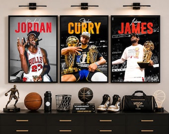 NBA Legends Poster Set, Michael Jordan, LeBron James, Stephen Curry, Basketball Print, Basketball Decor, NBA Fan Gift