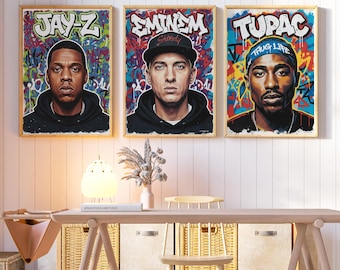 Lienzos con leyendas del hip hop: Tupac, Eminem y Jay-Z. Pósteres de hip hop.