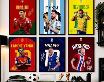 Fußball-Poster-Set: Ronaldo, Messi, Neymar, Mbappé, Yamal, Haaland – signierte Fußballstars