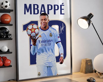 Póster firmado de Kylian Mbappé, estrella del Real Madrid, arte mural de fútbol, lámina de fútbol, regalo para aficionados al fútbol, decoración moderna para habitaciones deportivas.
