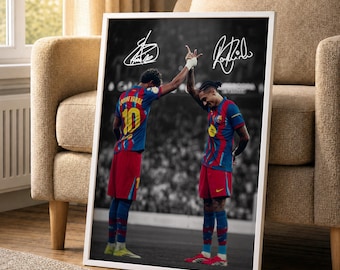 Lamine Yamal & Raphinha Poster, signierter Fußballdruck, Barcelona Poster