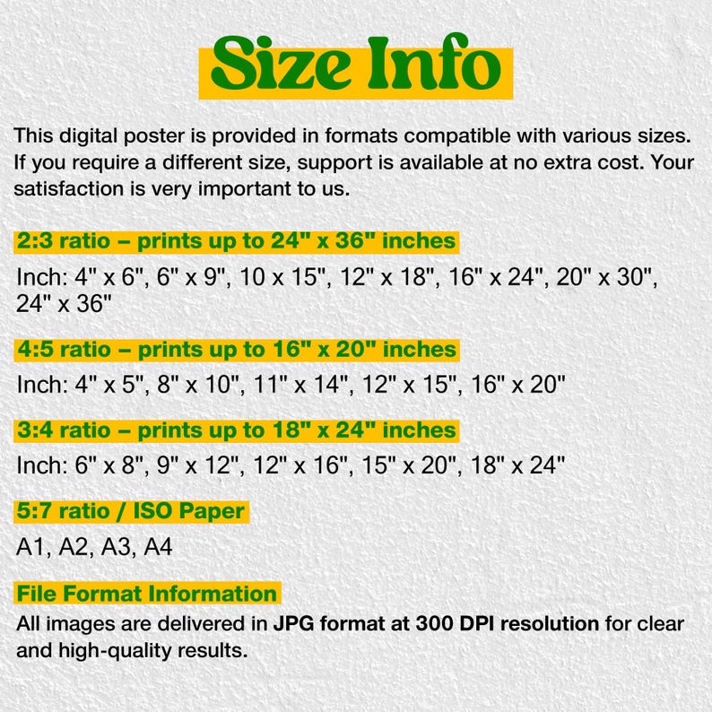 May include: A digital poster size information chart with green text on a white background. It lists ratios including 2:3, 4:5, 3:4, and 5:7 ISO paper sizes with corresponding dimensions in inches, plus file format details in 300 DPI resolution.