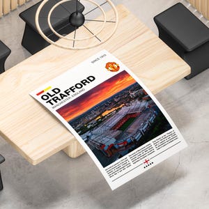 May include: A rectangular poster featuring an aerial view of Old Trafford stadium in Manchester, England, at sunset. The design includes the Manchester United crest, the text "OLD TRAFFORD SINCE 1910," a descriptive paragraph, and a five-star rating icon.