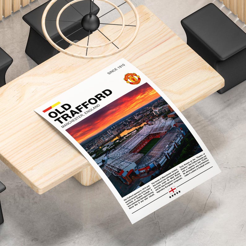 May include: A rectangular poster featuring an aerial view of Old Trafford stadium in Manchester, England, at sunset. The design includes the Manchester United crest, the text "OLD TRAFFORD SINCE 1910," a descriptive paragraph, and a five-star rating icon.