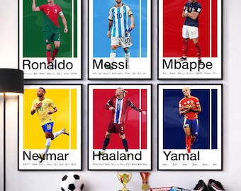 Paquete de pósteres de estrellas del fútbol: Ronaldo, Messi, Neymar, Mbappé, Haaland y Yamal. Láminas para pared, set de impresiones de la Copa Mundial de Fútbol. Regalo ideal para aficionados al fútbol.