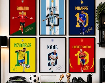 Fußballstars-Poster-Set: Ronaldo, Mbappé, Messi, Yamal, Kane, Neymar – signierte Poster der Fußballlegenden
