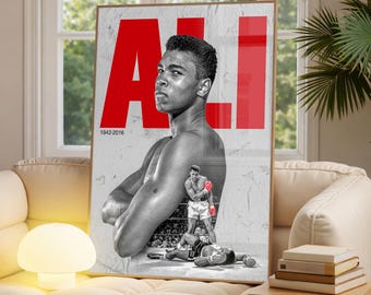 Póster vintage de Muhammad Ali, arte mural icónico del boxeo, decoración inspiradora para gimnasio, lámina deportiva motivacional, obra de arte de leyenda.