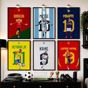 Football Stars Poster Set, Ronaldo, Messi, Neymar, Mbappe, Kane, Yamal, Soccer Wall Art, Sports Fan Gift
