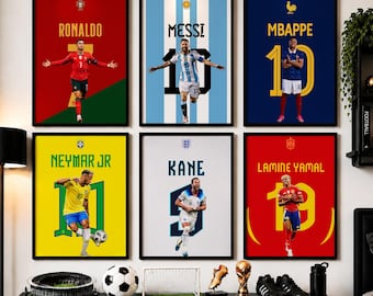 Fußballstars-Poster-Set: Ronaldo, Messi, Neymar, Mbappé, Kane, Yamal – Wandbild, Geschenk für Sportfans