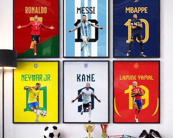 Póster de estrellas del fútbol: Ronaldo, Messi, Neymar, Mbappé, Kane, Yamal. Regalo de arte mural de fútbol, decoración deportiva para habitación, JPEG.