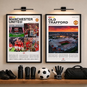 May include: Two framed posters featuring Manchester United and Old Trafford with team history, photos, and statistics. Below are black soccer cleats, a water bottle, two shin guards, a soccer ball, goalkeeper gloves, and a black duffel bag.
