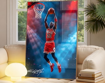 Póster de Michael Jordan, arte mural de baloncesto GOAT, impresión deportiva de leyenda de la NBA, obra icónica de mates, regalo para fans de Jordan, decoración moderna para gimnasios.