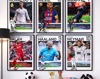 Pósteres de leyendas del fútbol: Messi, Ronaldo, Mbappé, Salah, Haaland y Neymar. Póster de fútbol. Impresión de pared de fútbol. Juego de 6 pósteres de jugadores de fútbol.