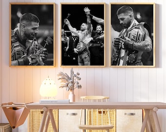 Conjunto de 3 láminas decorativas de Ilia Topuria, láminas digitales de la campeona de la UFC, paquete de pósteres de luchadores de MMA, decoración deportiva en blanco y negro, conjunto imprimible de la victoria.