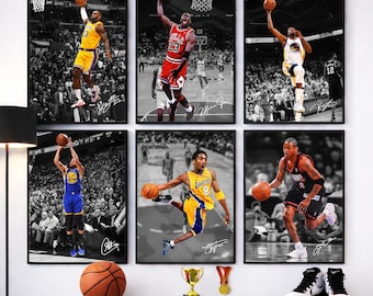 Conjunto de pósteres de leyendas de la NBA: Michael Jordan, LeBron James, Kobe Bryant, Curry, Iverson, Durant. Arte mural de baloncesto, decoración para habitaciones deportivas.