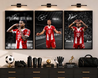 Signiertes Poster-Set (3er-Set): Kane, Olise, Luis Diaz, Bayern München Wandbild, signiertes Fußballposter, Fußballdeko