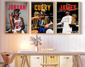 Conjunto de pósteres de leyendas de la NBA: Michael Jordan, LeBron James, Stephen Curry. Láminas de baloncesto, decoración para habitaciones deportivas, regalo para aficionados al baloncesto.