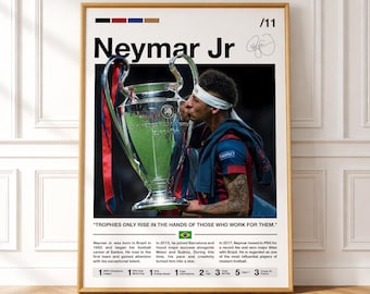 Póster de Neymar Jr., lámina de fútbol enmarcada, decoración de la Copa Mundial de Fútbol, póster de estrella del fútbol, arte mural de Neymar, decoración de sala deportiva, póster del Barcelona