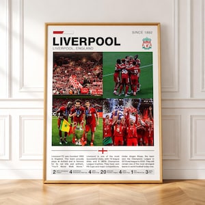May include: A framed poster featuring the Liverpool Football Club. The poster includes images of the team, the club's logo, and text that reads "LIVERPOOL, ENGLAND" and "SINCE 1892." The poster has a gold frame.
