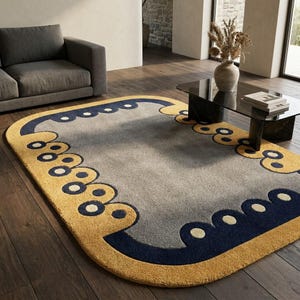 Handmade Oval Wool Rug, Mid Century Modern Navy Mustard Gray Scalloped Polka Dot Rug, Area Rug for Living Room, 3x5 4x6 5x7 5x8 6x9 8x10