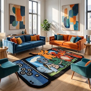 May include: A rectangular area rug featuring a graphic design of a handheld gaming console with four cartoon characters, including a yellow creature, a red creature, a blue creature, and a green creature, set against a blue and green background.