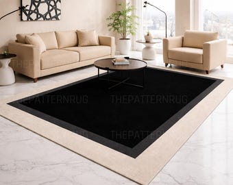 Tapete de lã tufado à mão, borda central preta, tapete moderno minimalista.