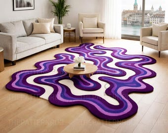 Hand Tufted Wool Abstract Rug, Irregular Wavy Statement Carpet, Modern Purple Home Decor