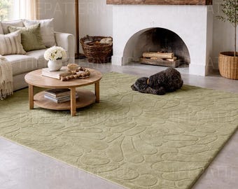 Sage Green Hand Tufted Wool Rug, Textured Abstract Organic Carpet