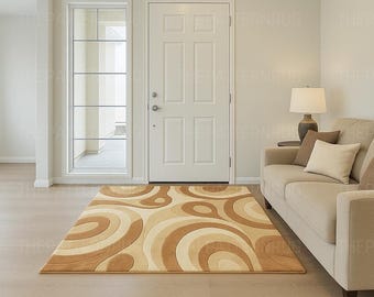 Mid-Century Modern Beige Brown Area Rug, Geometric Abstract Carpet
