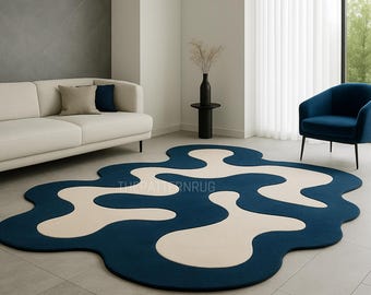 Abstract Blue Area Rug, Modern Organic Living Room Carpet