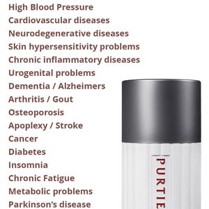 May include: A white and gray cylindrical bottle of PURTIER nutritional supplements. The label reads "PURTIER" in red. The text on the image lists health conditions such as high blood pressure, diabetes, and insomnia. The bottle is labeled "7TH EDITION."
