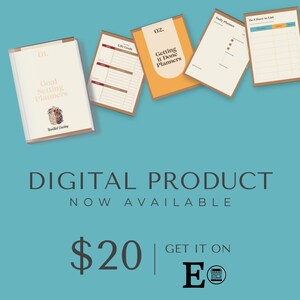 May include: A collection of digital planners with titles including "Goal Setting Planners" and "Getting It Done Planners." The image features a teal background with the text "Digital Product Now Available" and the Etsy logo.