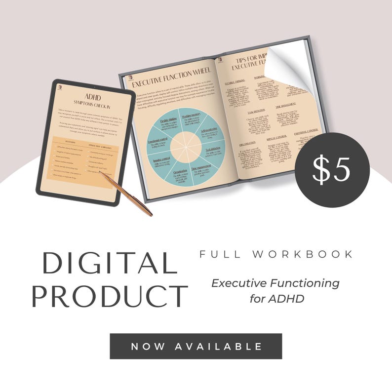 Może przedstawiać: Grafika produktu cyfrowego z tekstem "DIGITAL PRODUCT" i "FULL WORKBOOK Executive Functioning for ADHD". Otwarta książka i tablet wyświetlają informacje o ADHD. Czarny okrąg wyświetla cenę.
