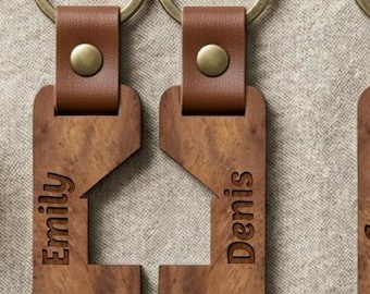 Personalized wooden puzzle house keychain - engraved names & date for couples, first apartment, home