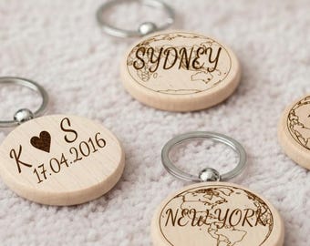Personalized wooden globe keychain – engraving of the place where we met, including city and date – keepsake for couples