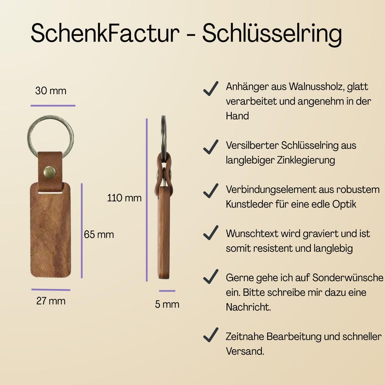 May include: A wooden key ring with a rectangular walnut pendant, measuring 2.5 inches long and 1 inch wide, attached to a silver-colored ring. The key ring is 4.3 inches long overall. The image also shows a wooden key ring with a rectangular pendant.