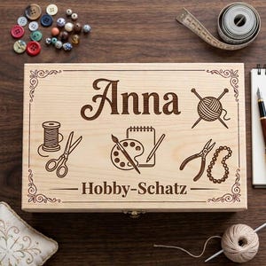 Scatola per hobby personalizzata con nome e frase divertente, contenitore, scatola in legno, regalo per lei, donna, cucito, ricamo, scatola per lavori creativi