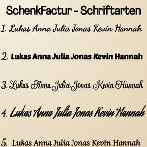 May include: A beige background displays the text "SchenkFactur - Schriftarten" in black. Below, five numbered lines showcase the names "Lukas Anna Julia Jonas Kevin Hannah" in various fonts. The text is in black.