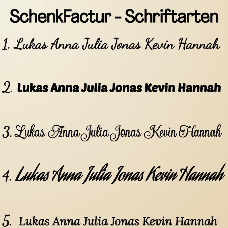 May include: A beige background displays the text "SchenkFactur - Schriftarten" in black. Below, five numbered lines showcase the names "Lukas Anna Julia Jonas Kevin Hannah" in various fonts. The text is in black.