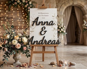 Cartello di benvenuto per matrimoni, cartelli in legno con nomi, scritte 3D su cavalletto, personalizzato, decorazione d'ingresso per celebrazioni, feste, sposi