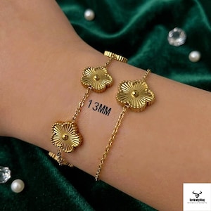 Golden Five Leaf Clover Bracelet, Stainless Steel Adjustable Flower Jewelry